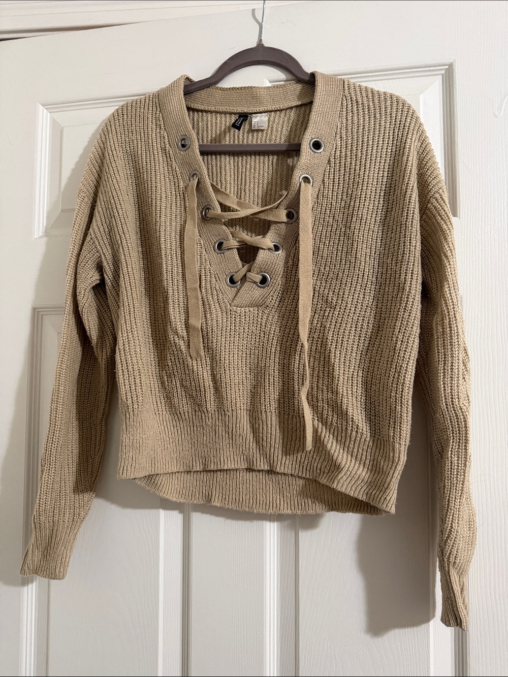 Lace-Up Knit Sweater in Beige — Women